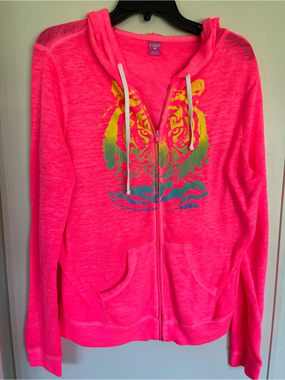 Hard Candy Neon Pink Zip-Up Hoodie with Colorful Tiger Print